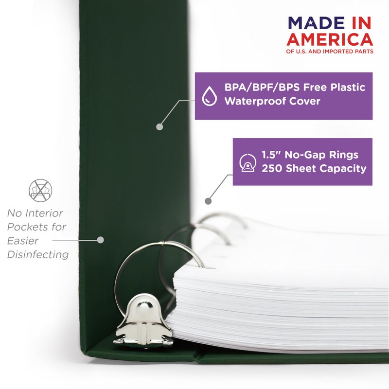 Carstens 1.5-Inch Heavy Duty 3-Ring Binder - Side Opening, Forest Green, Durable Plastic, Precision No-Gap Rings, Waterproof Cover, No Pockets, Holds 250 Letter Sheets, BPA-Free, Made in USA (2041-3R) - Image 2